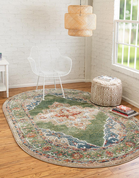 Green 7' 10 x 10' Isabella Oval Area Rug Polypropylene & Polyester Traditional Elegant Carpet for Living Rooms, Dining, Office, Dorms for Sale at Rug Engine