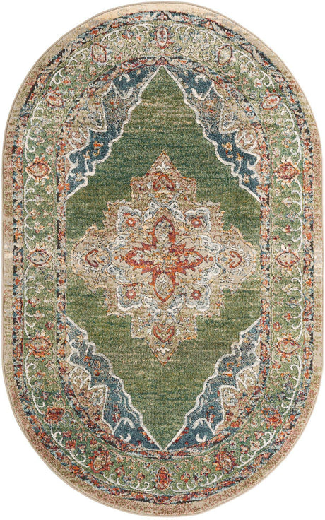 Green 5' 1 x 8' Isabella Oval Area Rug Polypropylene & Polyester Traditional Elegant Carpet for Living Rooms, Dining, Office, Dorms for Sale at Rug Engine