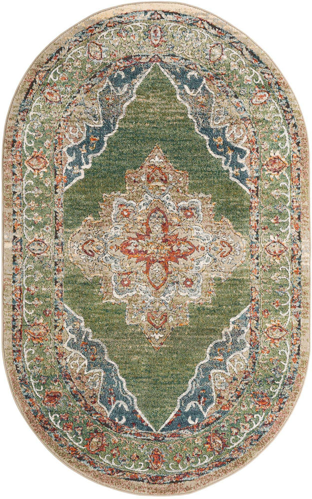 Green 5' 1 x 8' Isabella Oval Area Rug Polypropylene & Polyester Traditional Elegant Carpet for Living Rooms, Dining, Office, Dorms for Sale at Rug Engine