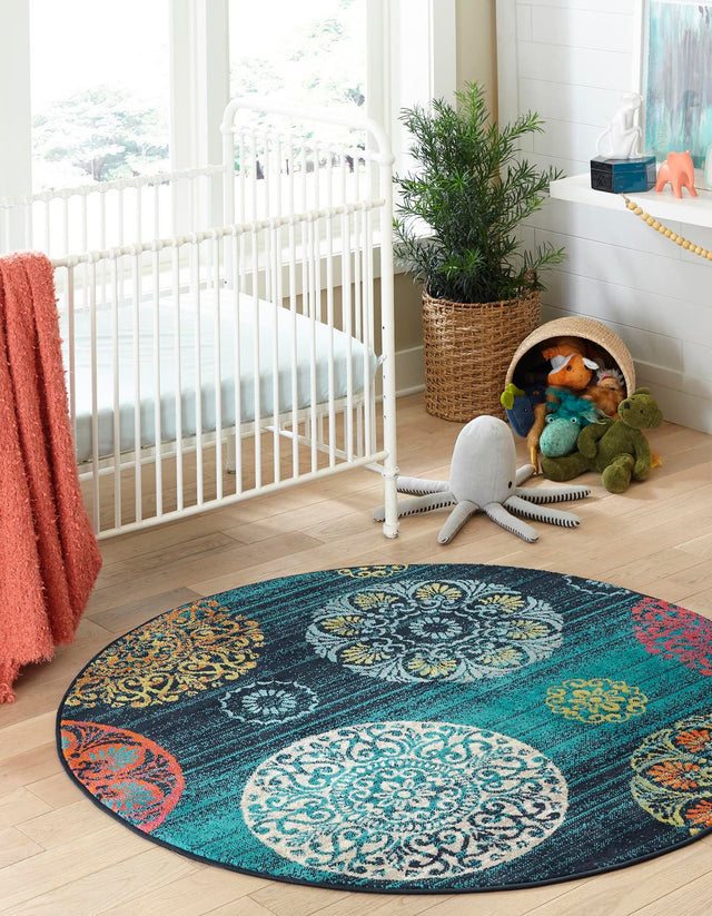 Navy Blue 5' 3 x 5' 3 Azalea Round Area Rug Colorful 100% Polypropylene Durable Jute Backing Living Dining Room Bedroom Office Modern Decor Carpet for Sale at Rug Engine