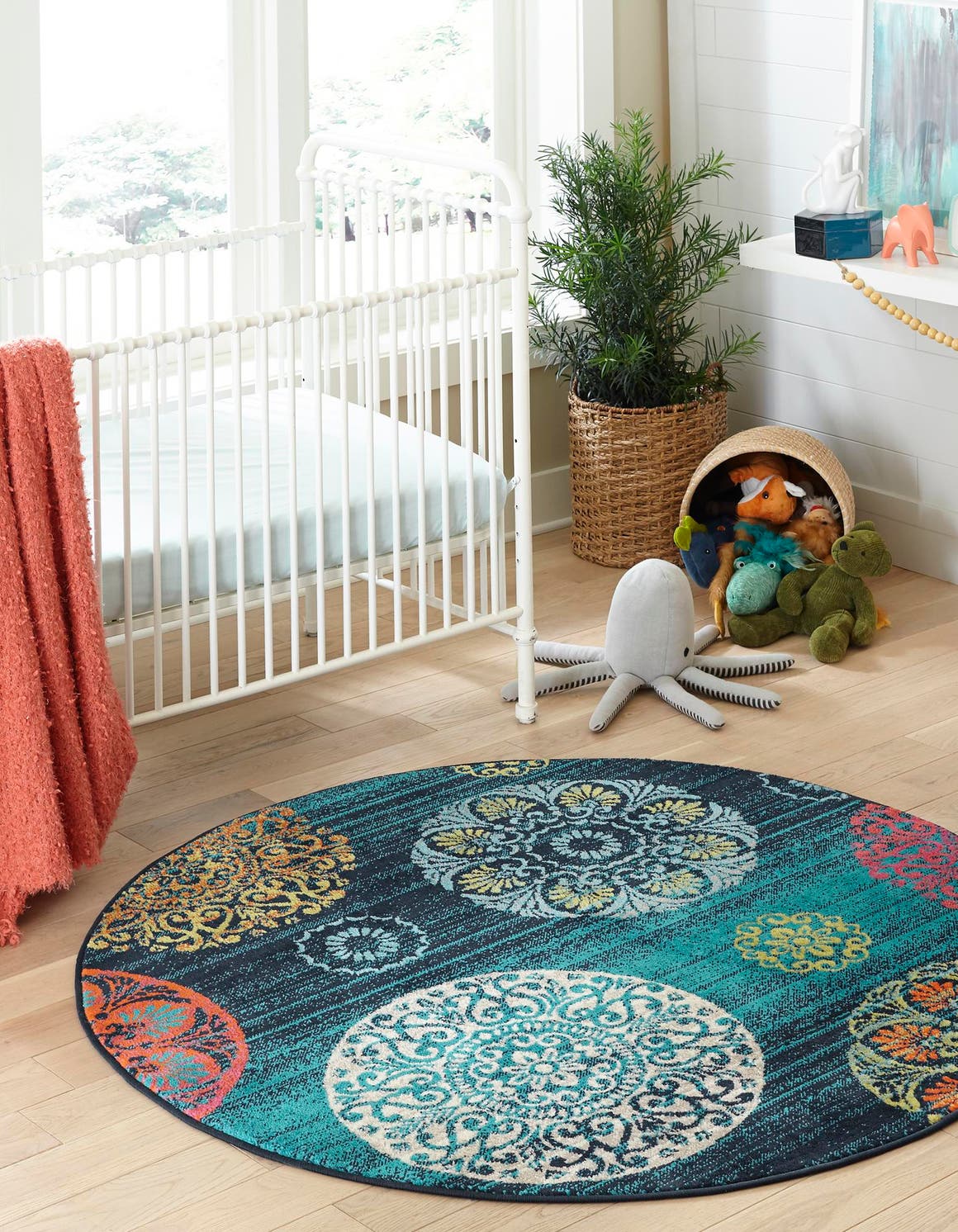 Navy Blue 7' x 7' Azalea Round Area Rug Colorful 100% Polypropylene Durable Jute Backing Living Dining Room Bedroom Office Modern Decor Carpet for Sale at Rug Engine