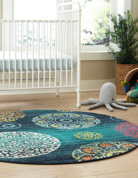 Navy Blue 7' x 7' Azalea Round Area Rug Colorful 100% Polypropylene Durable Jute Backing Living Dining Room Bedroom Office Modern Decor Carpet for Sale at Rug Engine