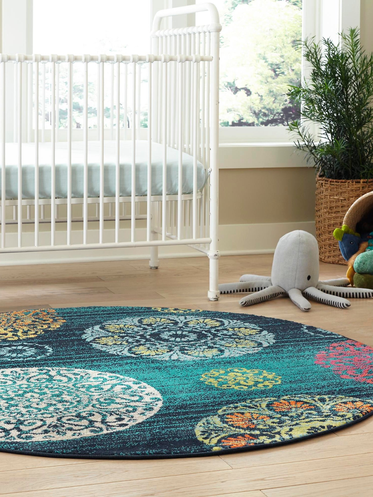 Navy Blue 5' 3 x 5' 3 Azalea Round Area Rug Colorful 100% Polypropylene Durable Jute Backing Living Dining Room Bedroom Office Modern Decor Carpet for Sale at Rug Engine