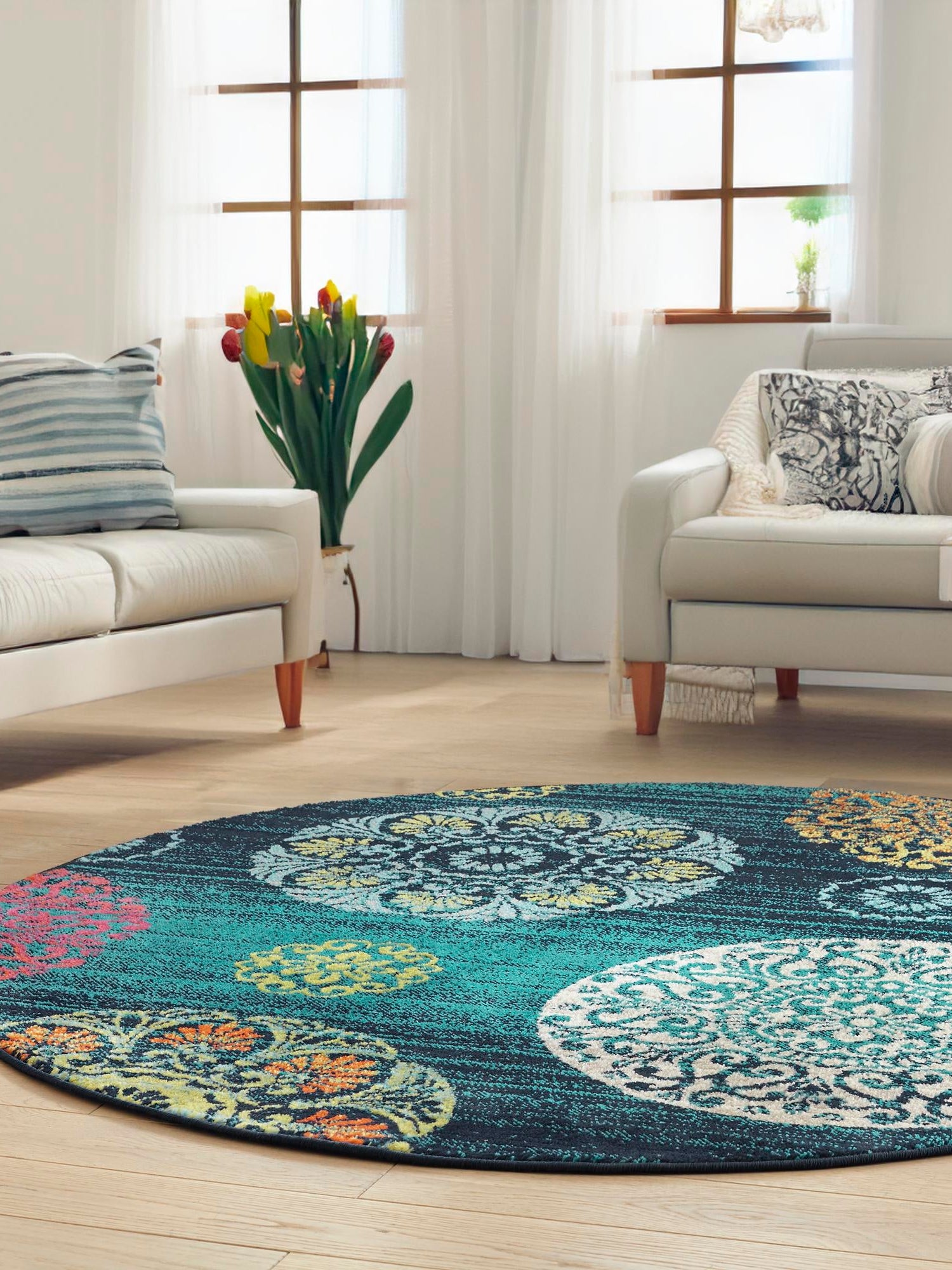 Navy Blue 5' 3 x 5' 3 Azalea Round Area Rug Colorful 100% Polypropylene Durable Jute Backing Living Dining Room Bedroom Office Modern Decor Carpet for Sale at Rug Engine