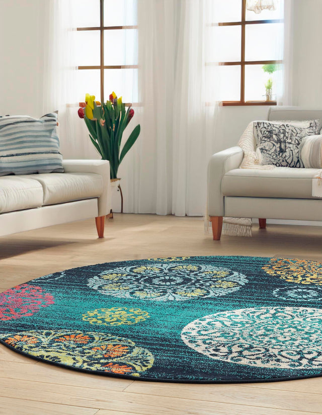 Navy Blue 3' x 3' Azalea Round Area Rug Colorful 100% Polypropylene Durable Jute Backing Living Dining Room Bedroom Office Modern Decor Carpet for Sale at Rug Engine