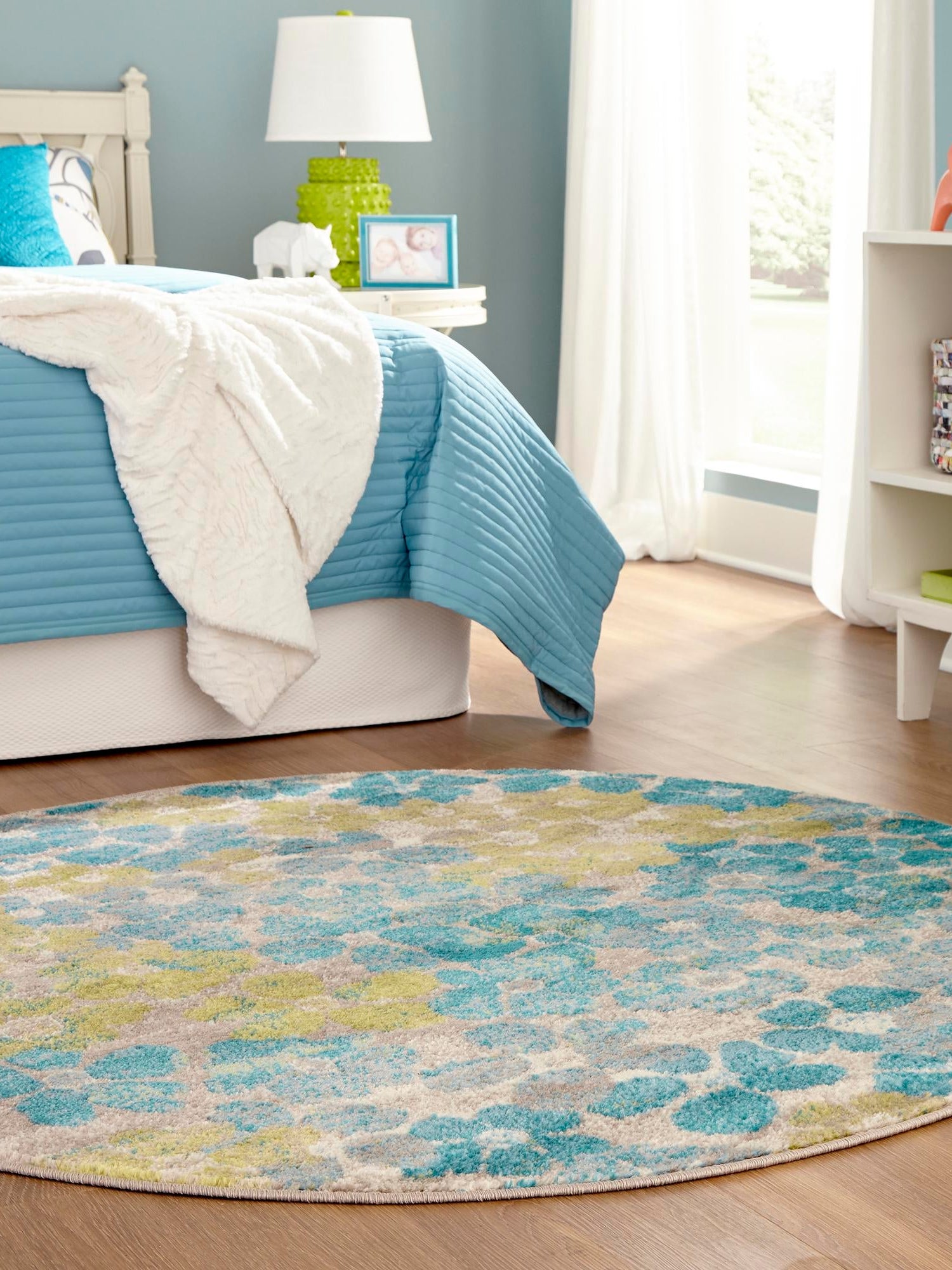 Blue 5' 3 x 5' 3 Azalea Round Area Rug Colorful 100% Polypropylene Durable Jute Backing Living Dining Room Bedroom Office Modern Decor Carpet for Sale at Rug Engine