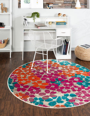 Multicolor 7' x 7' Azalea Round Area Rug Colorful 100% Polypropylene Durable Jute Backing Living Dining Room Bedroom Office Modern Decor Carpet for Sale at Rug Engine