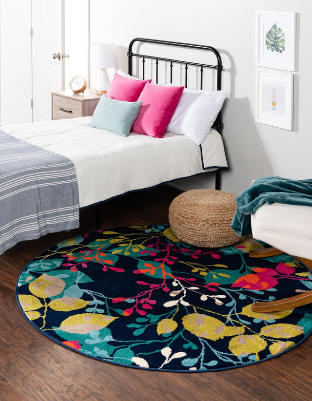 Navy Blue 5' 3 x 5' 3 Azalea Round Area Rug Colorful 100% Polypropylene Durable Jute Backing Living Dining Room Bedroom Office Modern Decor Carpet for Sale at Rug Engine