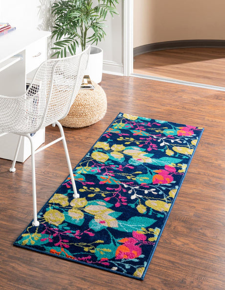 Navy Blue 2' x 8' Azalea Runner Area Rug Colorful 100% Polypropylene Durable Jute Backing Living Dining Room Bedroom Office Modern Decor Carpet for Sale at Rug Engine