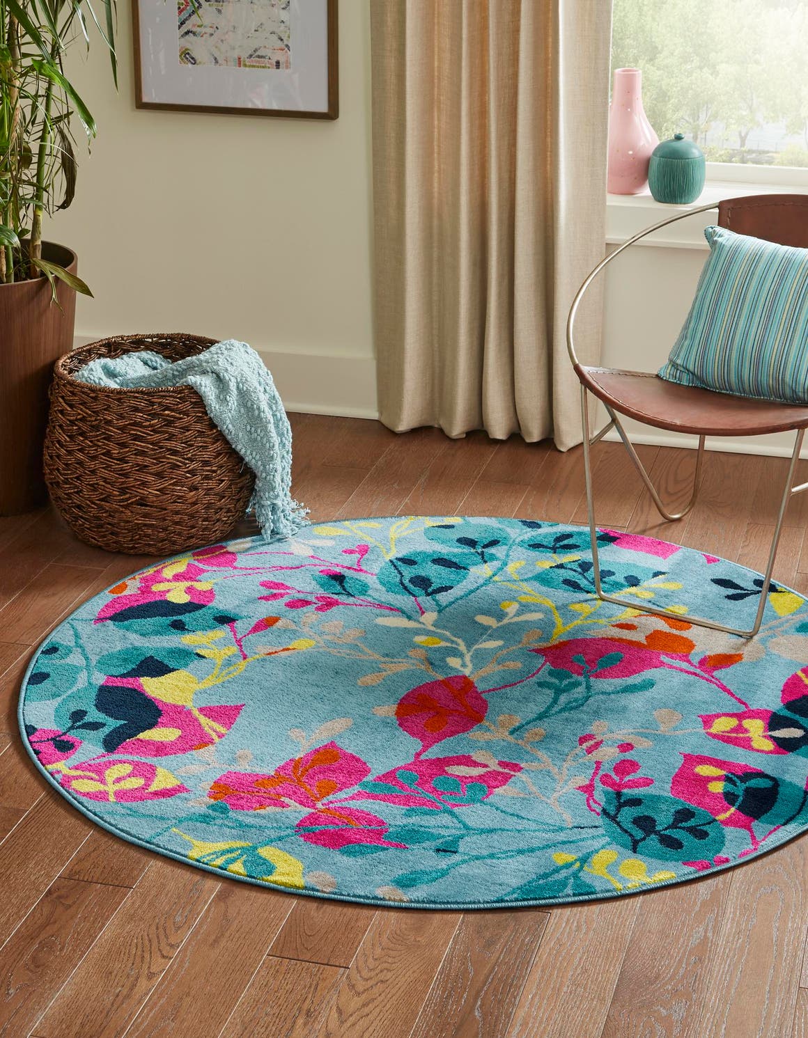 Aqua 5' 3 x 5' 3 Azalea Round Area Rug Colorful 100% Polypropylene Durable Jute Backing Living Dining Room Bedroom Office Modern Decor Carpet for Sale at Rug Engine