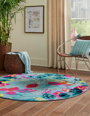 Aqua 5' 3 x 5' 3 Azalea Round Area Rug Colorful 100% Polypropylene Durable Jute Backing Living Dining Room Bedroom Office Modern Decor Carpet for Sale at Rug Engine