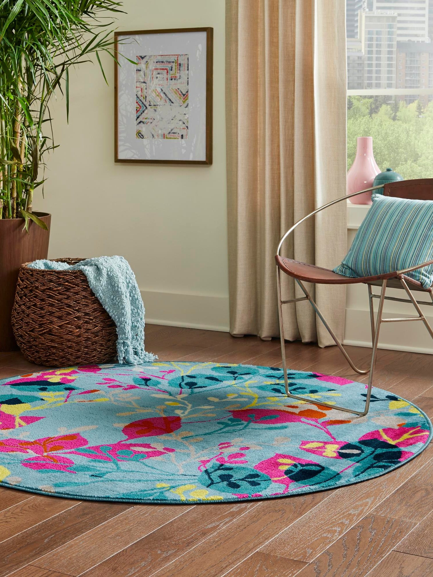 Aqua 3' x 3' Azalea Round Area Rug Colorful 100% Polypropylene Durable Jute Backing Living Dining Room Bedroom Office Modern Decor Carpet for Sale at Rug Engine