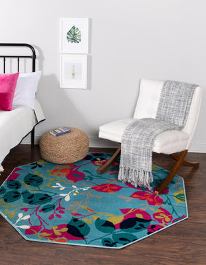 Aqua 5' 3 x 5' 3 Azalea Octagon Area Rug Colorful 100% Polypropylene Durable Jute Backing Living Dining Room Bedroom Office Modern Decor Carpet for Sale at Rug Engine