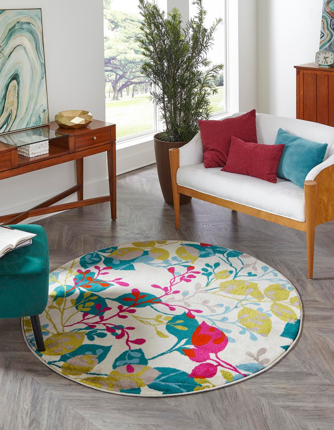 Ivory 5' 3 x 5' 3 Azalea Round Area Rug Colorful 100% Polypropylene Durable Jute Backing Living Dining Room Bedroom Office Modern Decor Carpet for Sale at Rug Engine