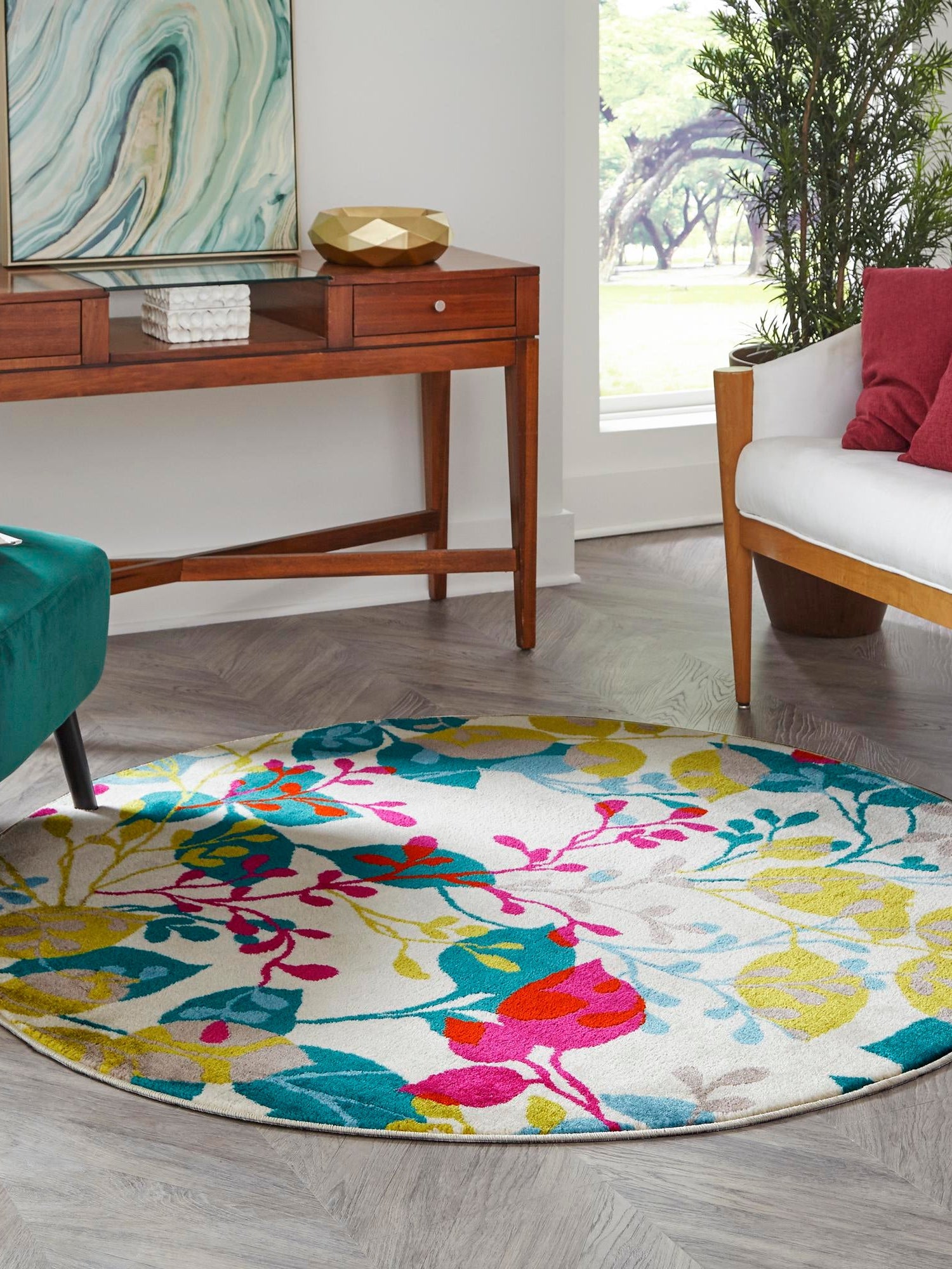 Ivory 3' x 3' Azalea Round Area Rug Colorful 100% Polypropylene Durable Jute Backing Living Dining Room Bedroom Office Modern Decor Carpet for Sale at Rug Engine
