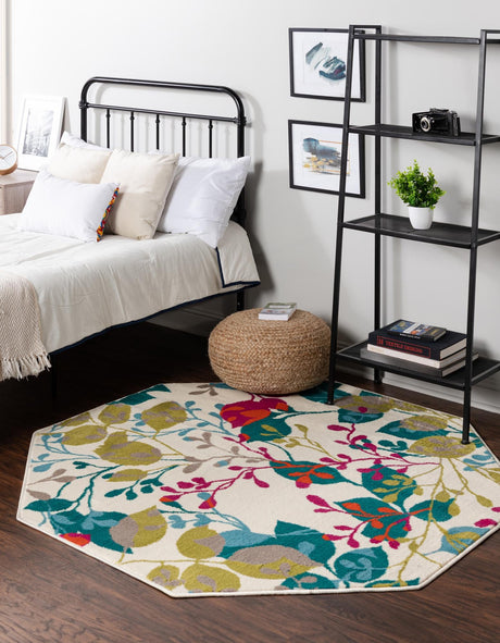 Ivory 5' 3 x 5' 3 Azalea Octagon Area Rug Colorful 100% Polypropylene Durable Jute Backing Living Dining Room Bedroom Office Modern Decor Carpet for Sale at Rug Engine