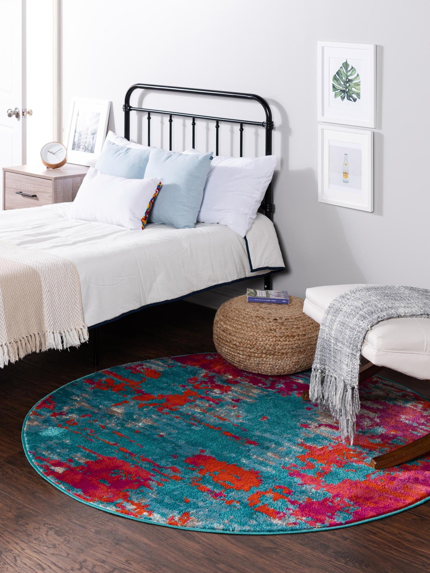 Turquoise 7' x 7' Azalea Round Area Rug Colorful 100% Polypropylene Durable Jute Backing Living Dining Room Bedroom Office Modern Decor Carpet for Sale at Rug Engine