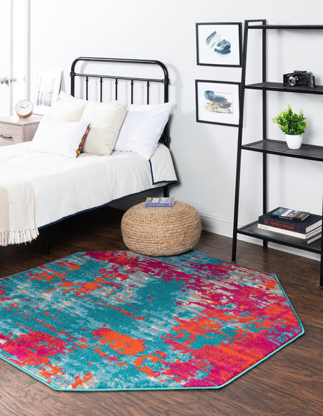 Turquoise 5' 3 x 5' 3 Azalea Octagon Area Rug Colorful 100% Polypropylene Durable Jute Backing Living Dining Room Bedroom Office Modern Decor Carpet for Sale at Rug Engine