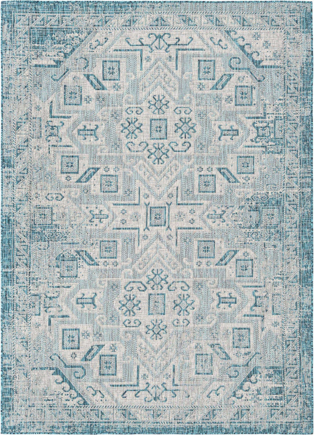 Teal 7' 1 x 10' Outdoor Aztec Rectangle Area Rug Weather Resistant for Patio, Deck, Terrace, Balcony, Porch 100% Polypropylene Traditional Carpet Mat for Sale at Rug Engine