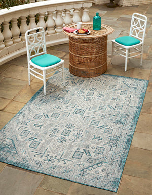 Teal 5' 3 x 8' Outdoor Aztec Rectangle Area Rug Weather Resistant for Patio, Deck, Terrace, Balcony, Porch 100% Polypropylene Traditional Carpet Mat for Sale at Rug Engine