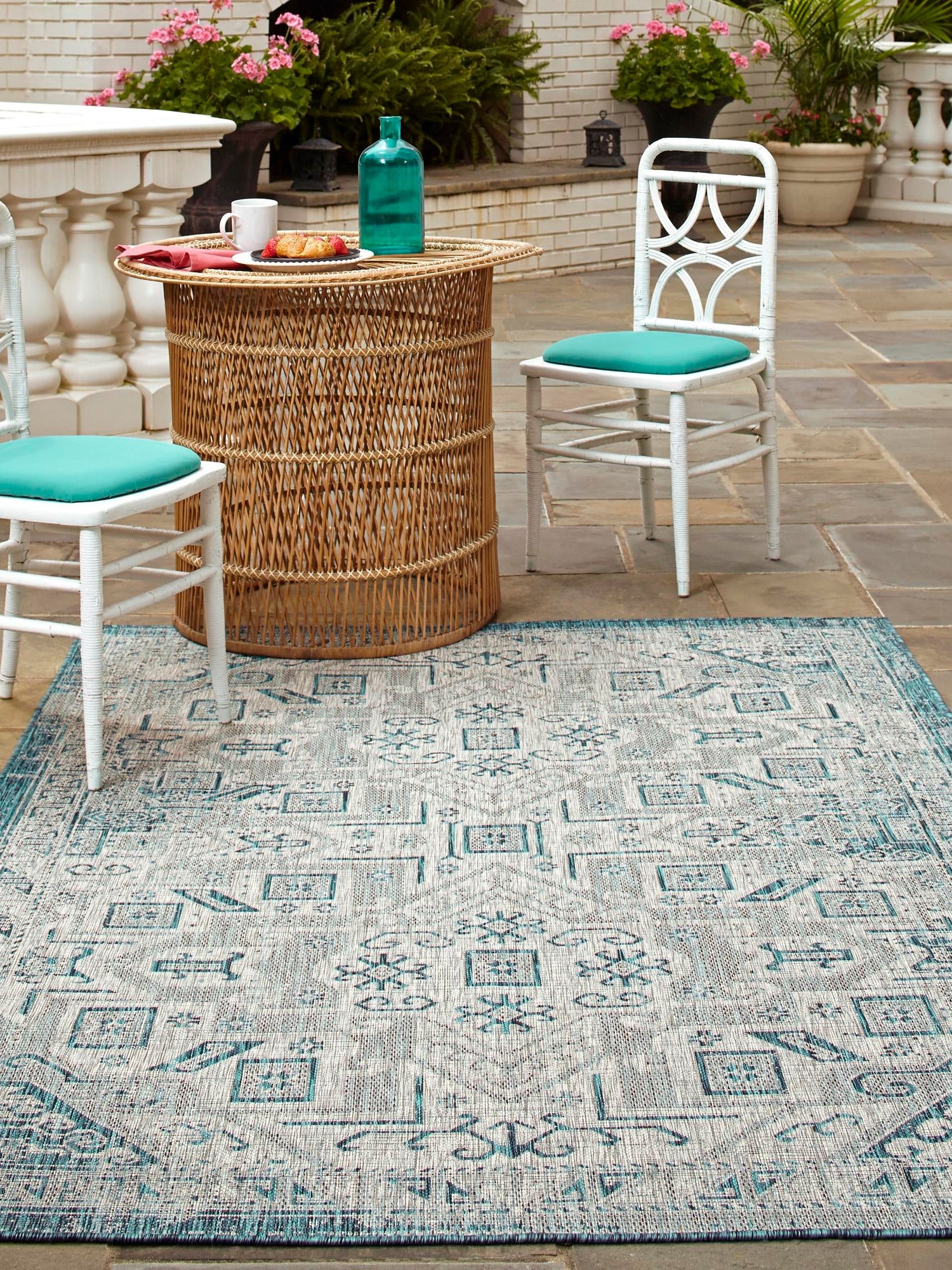 Teal 7' 10 x 11' Outdoor Aztec Rectangle Area Rug Weather Resistant for Patio, Deck, Terrace, Balcony, Porch 100% Polypropylene Traditional Carpet Mat for Sale at Rug Engine