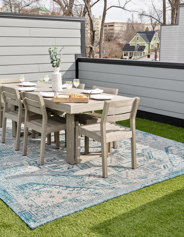 Teal 5' 3 x 8' Outdoor Aztec Rectangle Area Rug Weather Resistant for Patio, Deck, Terrace, Balcony, Porch 100% Polypropylene Traditional Carpet Mat for Sale at Rug Engine
