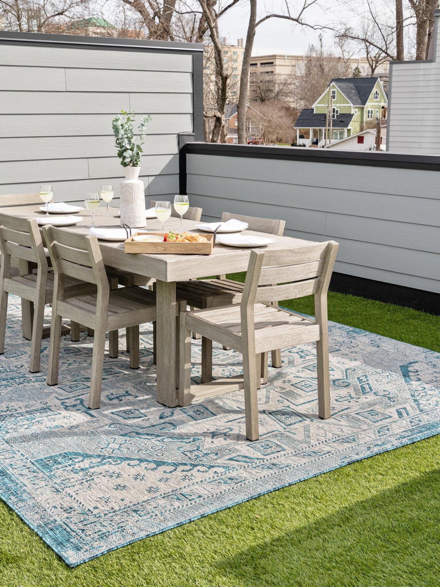 Teal 7' 10 x 11' Outdoor Aztec Rectangle Area Rug Weather Resistant for Patio, Deck, Terrace, Balcony, Porch 100% Polypropylene Traditional Carpet Mat for Sale at Rug Engine