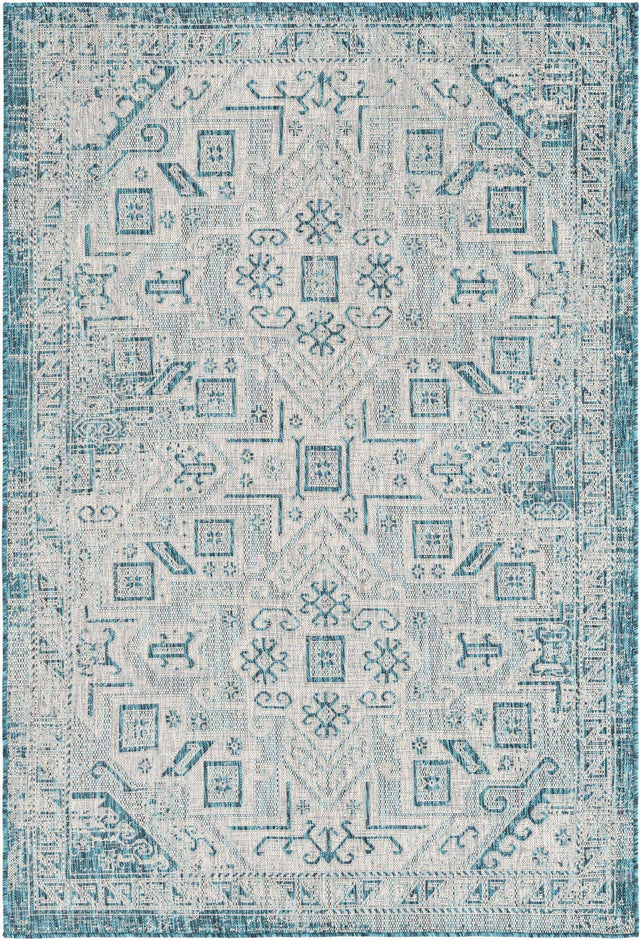 Teal 5' 3 x 8' Outdoor Aztec Rectangle Area Rug Weather Resistant for Patio, Deck, Terrace, Balcony, Porch 100% Polypropylene Traditional Carpet Mat for Sale at Rug Engine