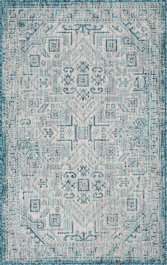 Teal 3' 1 x 5' 3 Outdoor Aztec Rectangle Area Rug Weather Resistant for Patio, Deck, Terrace, Balcony, Porch 100% Polypropylene Traditional Carpet Mat for Sale at Rug Engine