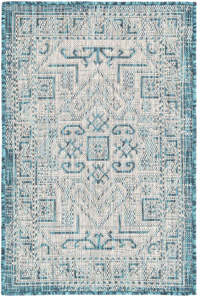 Teal 2' x 3' 1 Outdoor Aztec Rectangle Area Rug Weather Resistant for Patio, Deck, Terrace, Balcony, Porch 100% Polypropylene Traditional Carpet Mat for Sale at Rug Engine