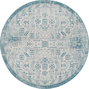 Teal 7' 10 x 7' 10 Outdoor Aztec Round Area Rug Weather Resistant for Patio, Deck, Terrace, Balcony, Porch 100% Polypropylene Traditional Carpet Mat for Sale at Rug Engine