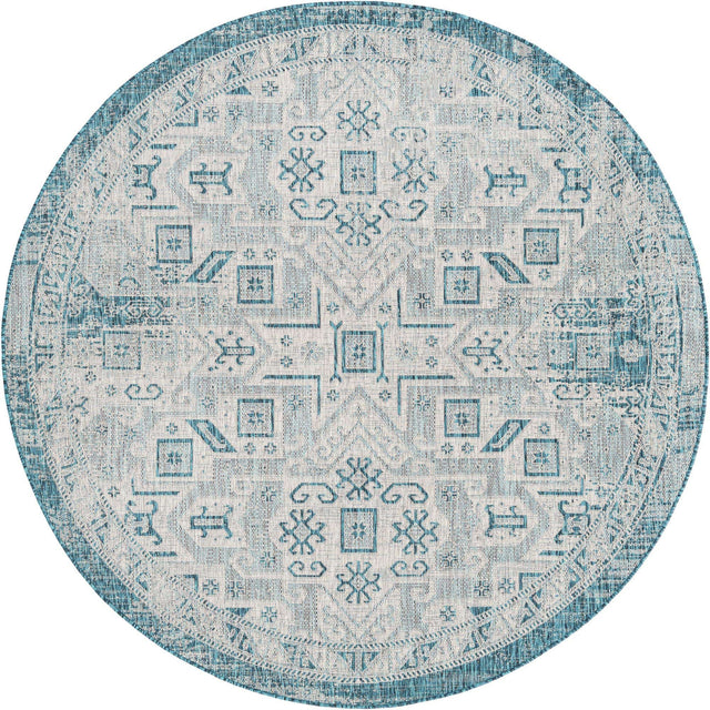 Teal 7' 10 x 7' 10 Outdoor Aztec Round Area Rug Weather Resistant for Patio, Deck, Terrace, Balcony, Porch 100% Polypropylene Traditional Carpet Mat for Sale at Rug Engine