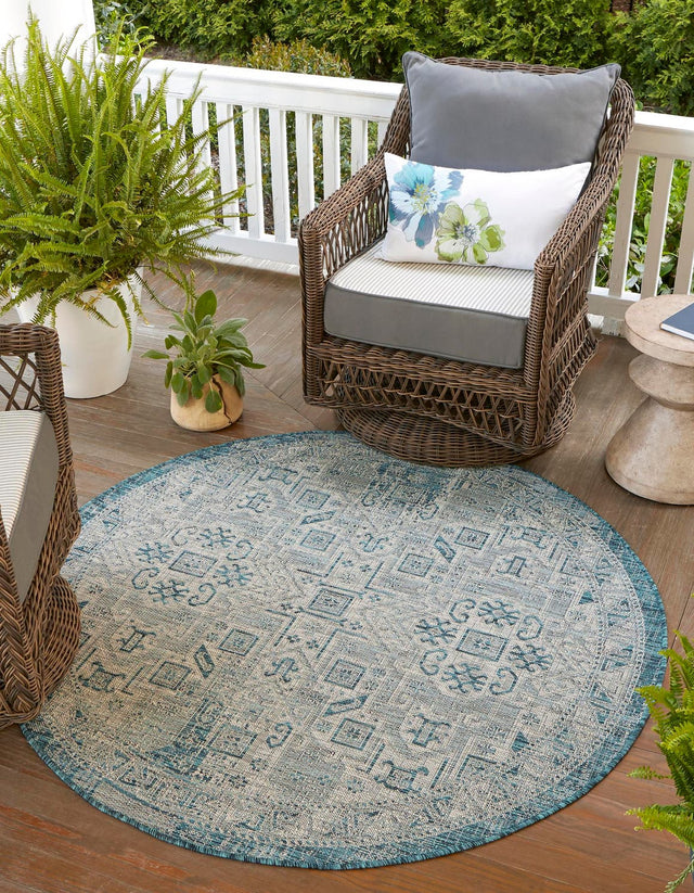 Teal 3' 1 x 3' 1 Outdoor Aztec Round Area Rug Weather Resistant for Patio, Deck, Terrace, Balcony, Porch 100% Polypropylene Traditional Carpet Mat for Sale at Rug Engine