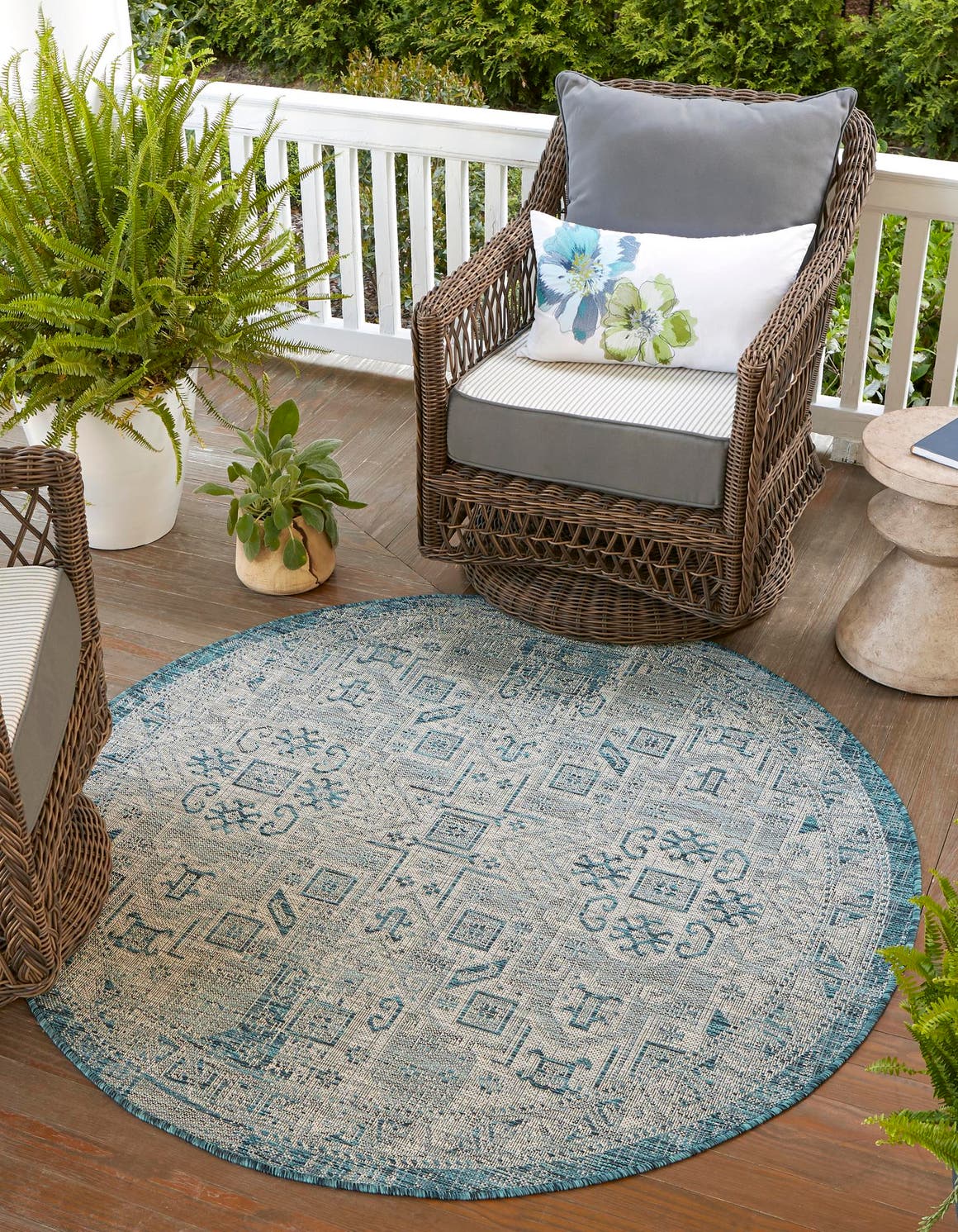 Teal 5' 3 x 5' 3 Outdoor Aztec Round Area Rug Weather Resistant for Patio, Deck, Terrace, Balcony, Porch 100% Polypropylene Traditional Carpet Mat for Sale at Rug Engine