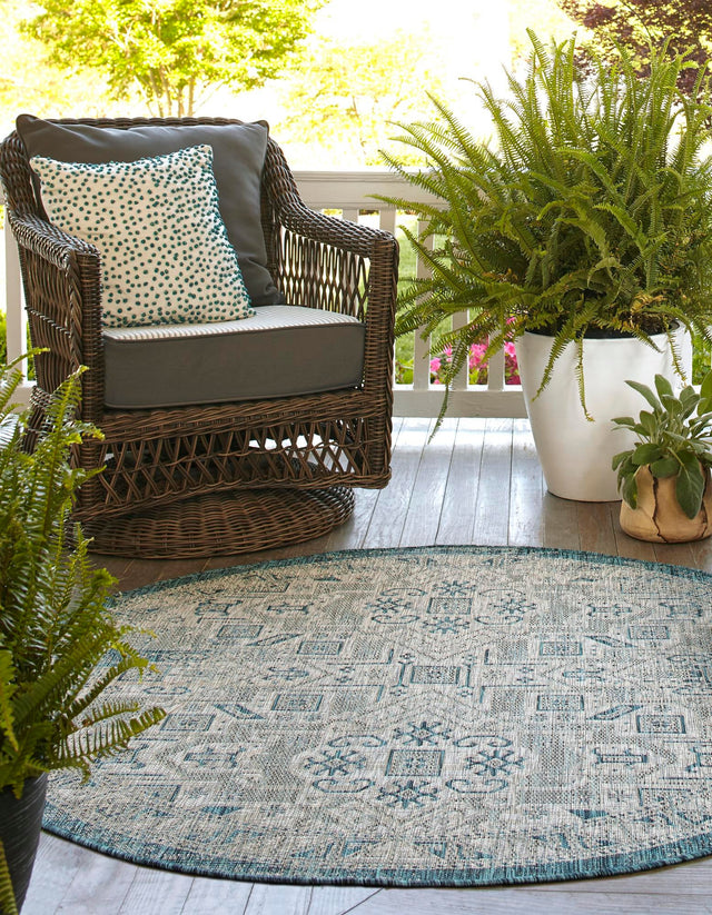 Teal 3' 1 x 3' 1 Outdoor Aztec Round Area Rug Weather Resistant for Patio, Deck, Terrace, Balcony, Porch 100% Polypropylene Traditional Carpet Mat for Sale at Rug Engine