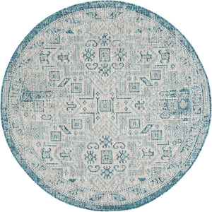 Teal 5' 3 x 5' 3 Outdoor Aztec Round Area Rug Weather Resistant for Patio, Deck, Terrace, Balcony, Porch 100% Polypropylene Traditional Carpet Mat for Sale at Rug Engine