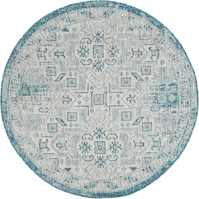 Teal 5' 3 x 5' 3 Outdoor Aztec Round Area Rug Weather Resistant for Patio, Deck, Terrace, Balcony, Porch 100% Polypropylene Traditional Carpet Mat for Sale at Rug Engine