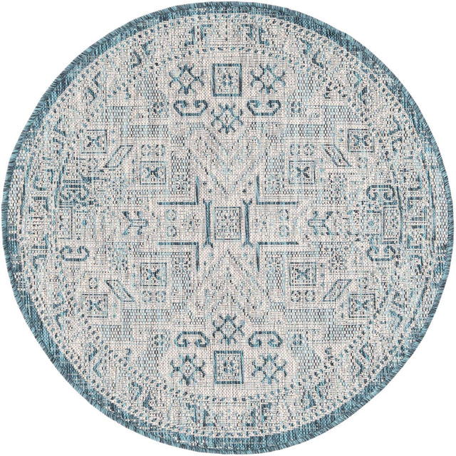 Teal 3' 1 x 3' 1 Outdoor Aztec Round Area Rug Weather Resistant for Patio, Deck, Terrace, Balcony, Porch 100% Polypropylene Traditional Carpet Mat for Sale at Rug Engine
