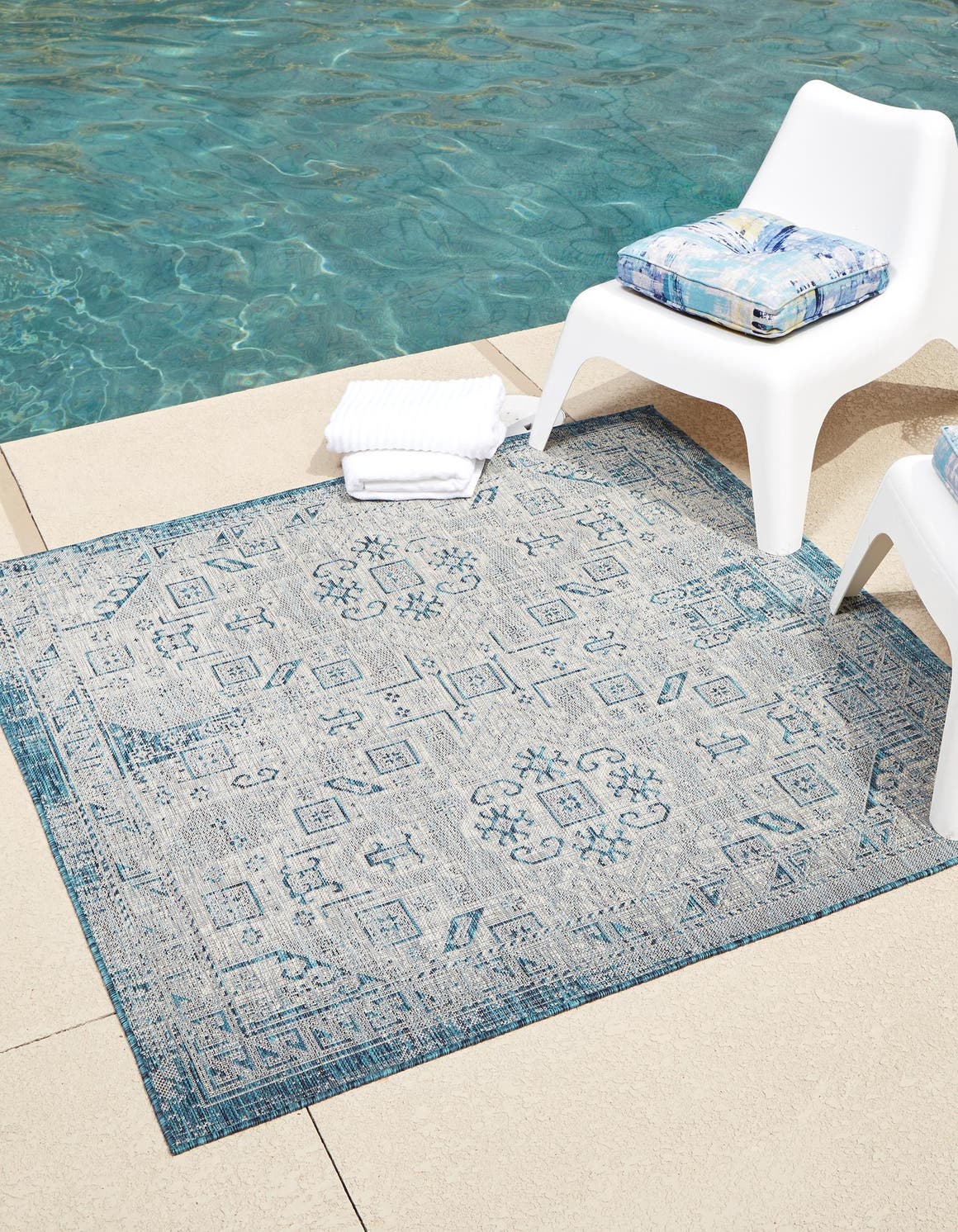 Teal 5' 3 x 5' 3 Outdoor Aztec Square Area Rug Weather Resistant for Patio, Deck, Terrace, Balcony, Porch 100% Polypropylene Traditional Carpet Mat for Sale at Rug Engine