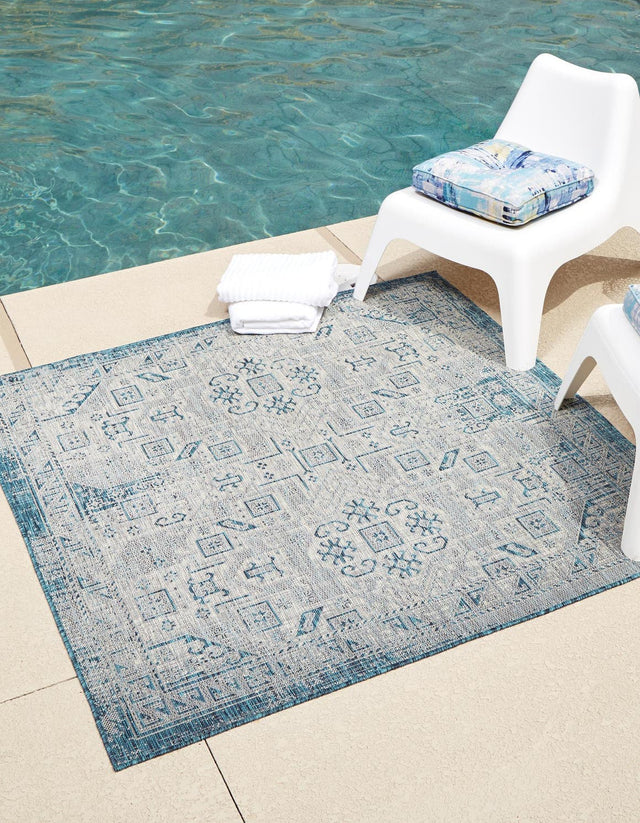Teal 5' 3 x 5' 3 Outdoor Aztec Square Area Rug Weather Resistant for Patio, Deck, Terrace, Balcony, Porch 100% Polypropylene Traditional Carpet Mat for Sale at Rug Engine