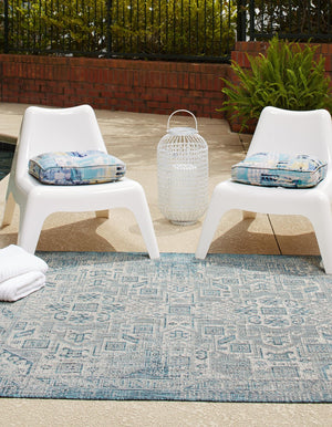 Teal 5' 3 x 5' 3 Outdoor Aztec Square Area Rug Weather Resistant for Patio, Deck, Terrace, Balcony, Porch 100% Polypropylene Traditional Carpet Mat for Sale at Rug Engine