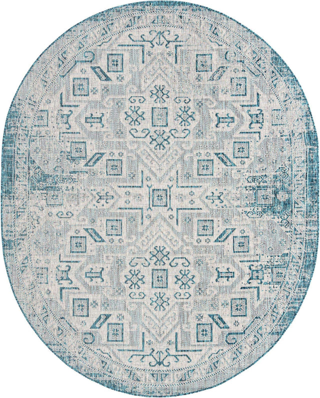 Teal 7' 10 x 10' Outdoor Aztec Oval Area Rug Weather Resistant for Patio, Deck, Terrace, Balcony, Porch 100% Polypropylene Traditional Carpet Mat for Sale at Rug Engine
