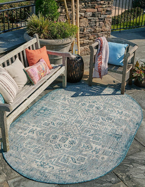 Teal 3' 1 x 5' 3 Outdoor Aztec Oval Area Rug Weather Resistant for Patio, Deck, Terrace, Balcony, Porch 100% Polypropylene Traditional Carpet Mat for Sale at Rug Engine