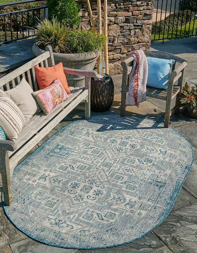 Teal 3' 1 x 5' 3 Outdoor Aztec Oval Area Rug Weather Resistant for Patio, Deck, Terrace, Balcony, Porch 100% Polypropylene Traditional Carpet Mat for Sale at Rug Engine