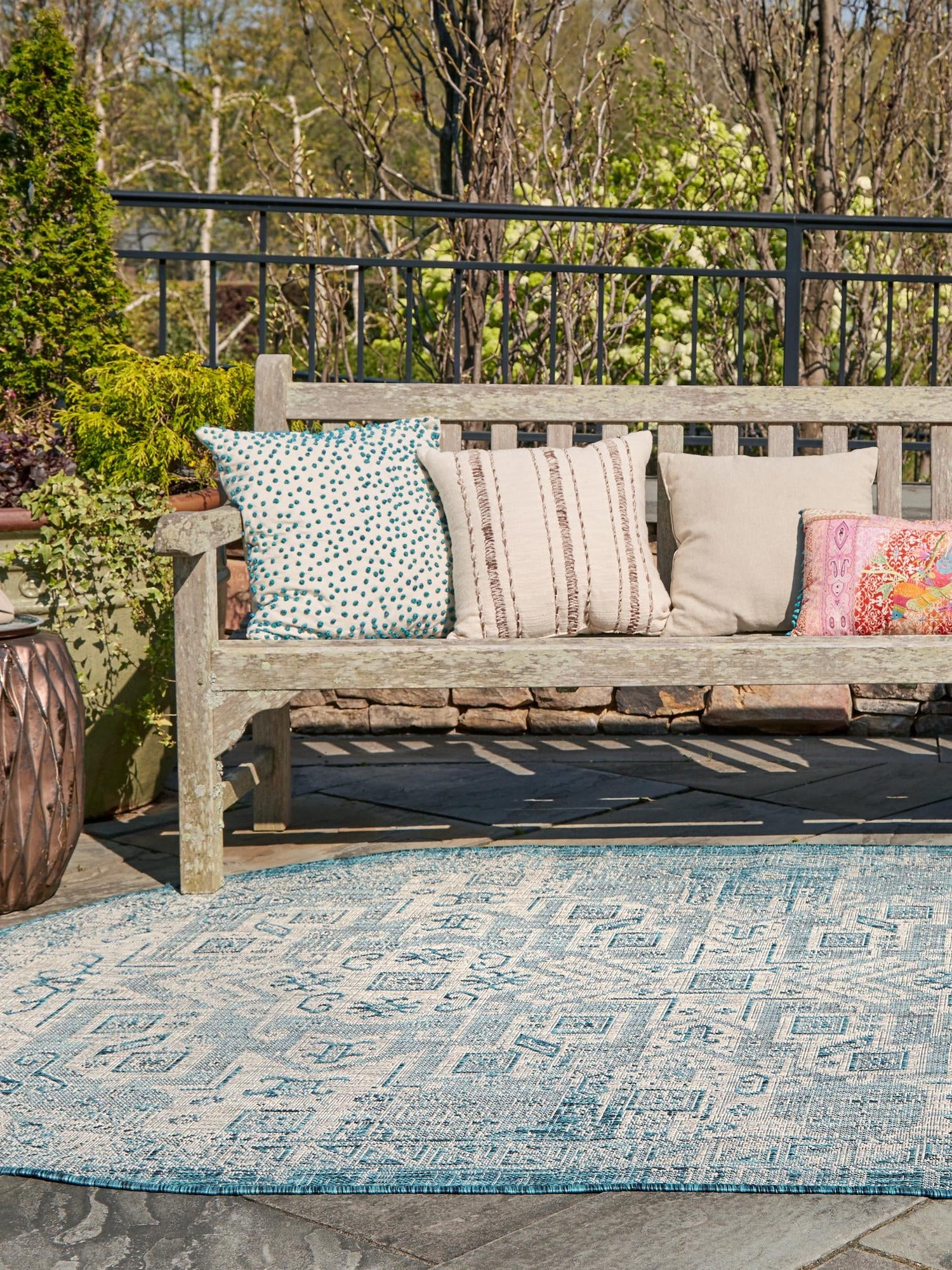 Teal 3' 1 x 5' 3 Outdoor Aztec Oval Area Rug Weather Resistant for Patio, Deck, Terrace, Balcony, Porch 100% Polypropylene Traditional Carpet Mat for Sale at Rug Engine