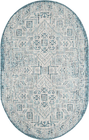 Teal 3' 1 x 5' 3 Outdoor Aztec Oval Area Rug Weather Resistant for Patio, Deck, Terrace, Balcony, Porch 100% Polypropylene Traditional Carpet Mat for Sale at Rug Engine