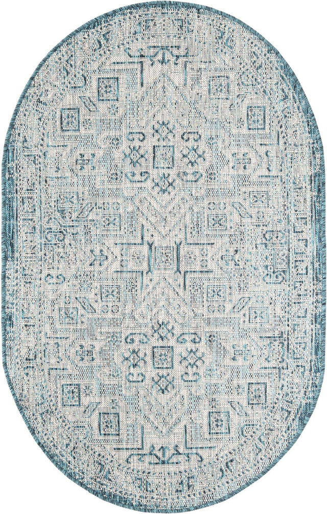 Teal 3' 1 x 5' 3 Outdoor Aztec Oval Area Rug Weather Resistant for Patio, Deck, Terrace, Balcony, Porch 100% Polypropylene Traditional Carpet Mat for Sale at Rug Engine