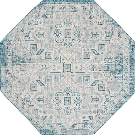 Teal 7' 10 x 7' 10 Outdoor Aztec Octagon Area Rug Weather Resistant for Patio, Deck, Terrace, Balcony, Porch 100% Polypropylene Traditional Carpet Mat for Sale at Rug Engine