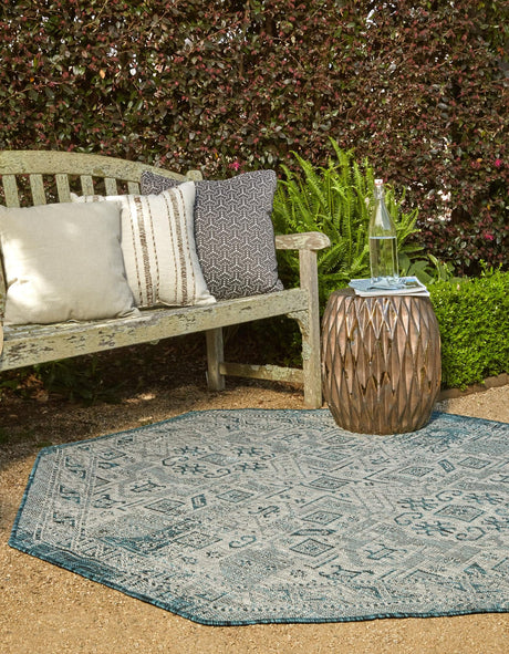 Teal 7' 10 x 7' 10 Outdoor Aztec Octagon Area Rug Weather Resistant for Patio, Deck, Terrace, Balcony, Porch 100% Polypropylene Traditional Carpet Mat for Sale at Rug Engine