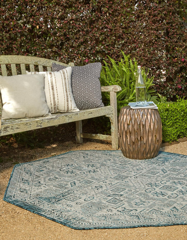 Teal 7' 10 x 7' 10 Outdoor Aztec Octagon Area Rug Weather Resistant for Patio, Deck, Terrace, Balcony, Porch 100% Polypropylene Traditional Carpet Mat for Sale at Rug Engine